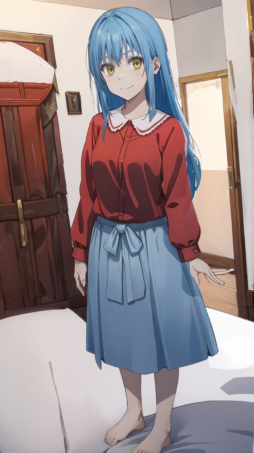 (masterpiece, best quality), ray tracing, absurdres, HDR,rimuru clothes, long hair, blue hair, yellow eyes, shirt, closed mouth, red shirt, 1girl, large breats,, rimuru tempest, skirt, bangs, red shirt, smile, solo, hair between eyes, grey skirt, long sleeves, collared shirt, ,blush ,looking at viewer,indoors,barefoot,full body, wucaitianjing, weapon, sword, , planted, planted sword, holding, holding sword,,
