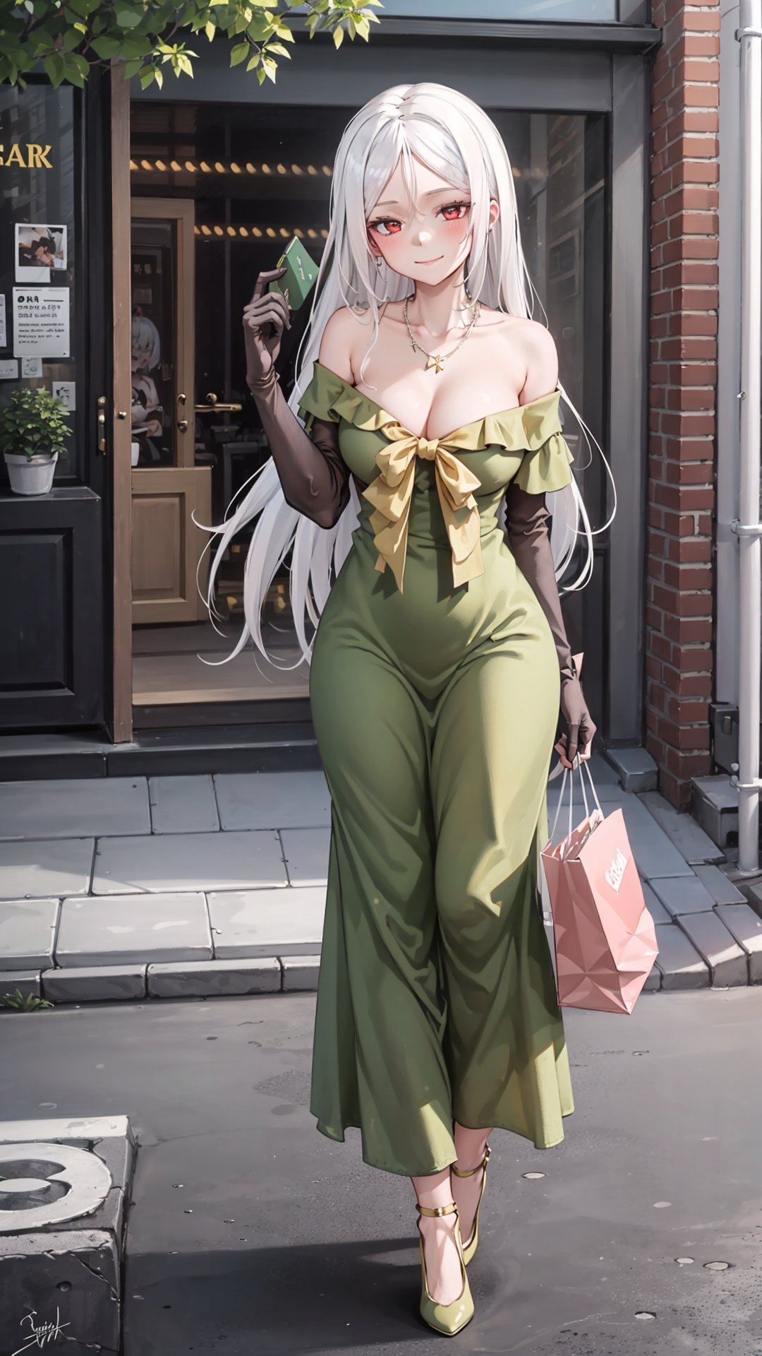 (masterpiece, best quality),ray tracing,absurdres, HDR,1girl,  jewelry,necklace,breasts, red eyes, solo, dress, long hair, looking at viewer, green dress, large breasts, cleavage, blush, bare shoulders,   off-shoulder dress,, white hair, collarbone, closed mouth, squiggle, bow, bangs, yellow bow, off shoulder,elbow gloves,yellow gloves,full body,frilled dress,long dress,high heels,outdoors,smile, outdoor, shopping street,hand up,bag
,Blanc,Blanc Attire