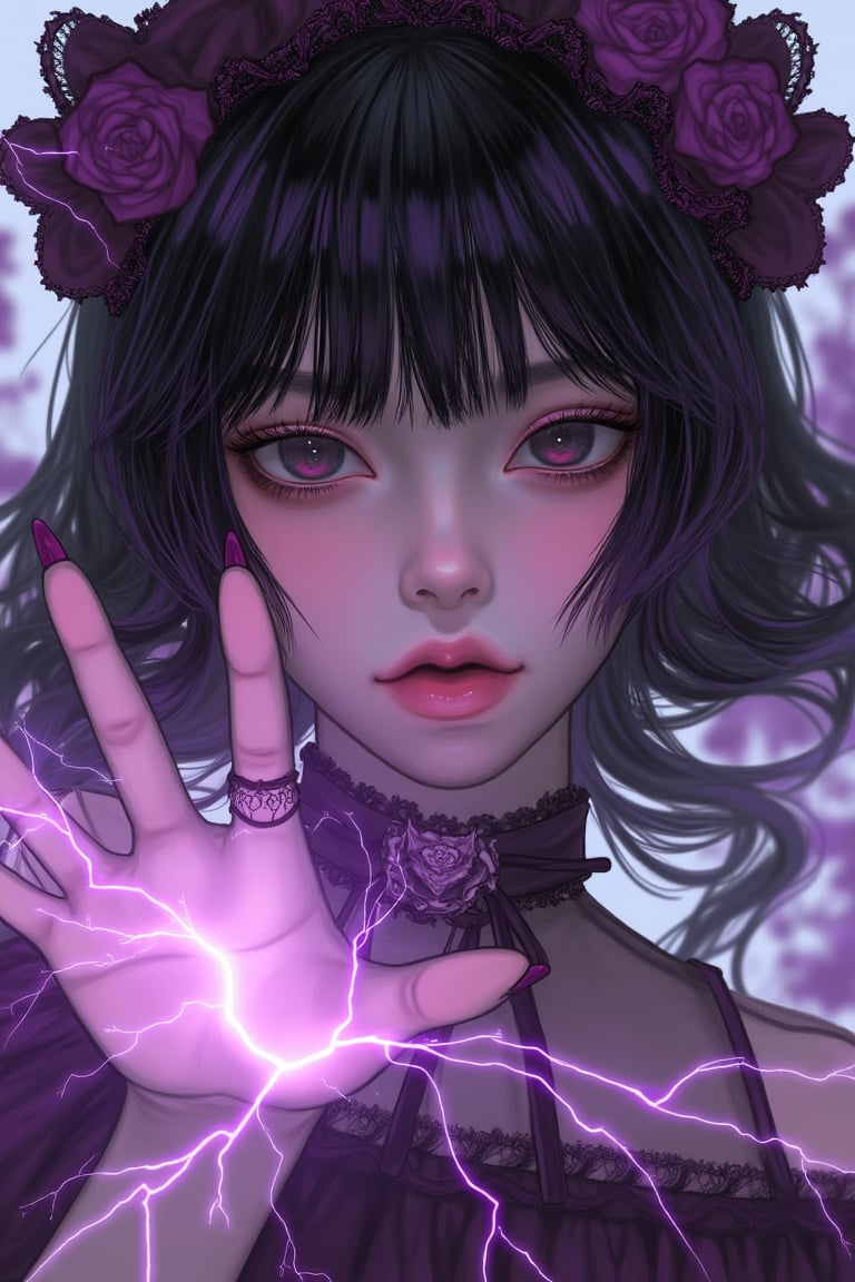 Angelic face, gothic lolita dress,(complex gorgeous pattern_clothing:1.3),street scene .(purple and white entanglement), (red and lace entanglement),Exquisite details and textures,High Detail,detailed ,Texture Mapping,more detail,(pink tones:1.2)
, her hand crackling with huge electricity power as she gazes directly at viewer, looking at viewer,from front,shading lineart, shading, lineart, 2.5D, illustration, portrait, closeup, Score_9, Score_8_up, Score_7_up, behance work, intricate, vibrant color, High quality, 8k hd, best quality, detailed skin texture, complicated, 8k ultra hd, high resolution, high definition, excellent quality, stunning image, volumetric lighting, detail quality Enhancer,