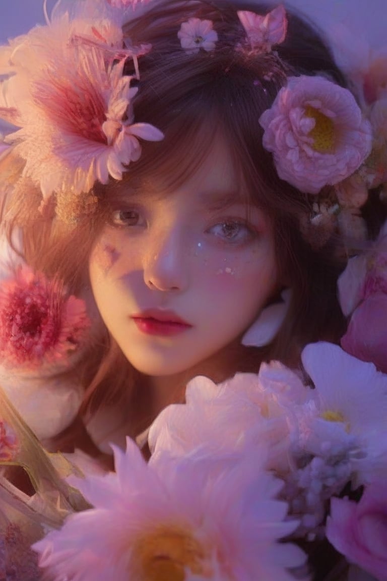 1girl, solo, looking at viewer, High quality, 8k hd, best quality, cinematic lighting, volumetric lighting, Highly Stylized whimsical flowery Portrait photograph