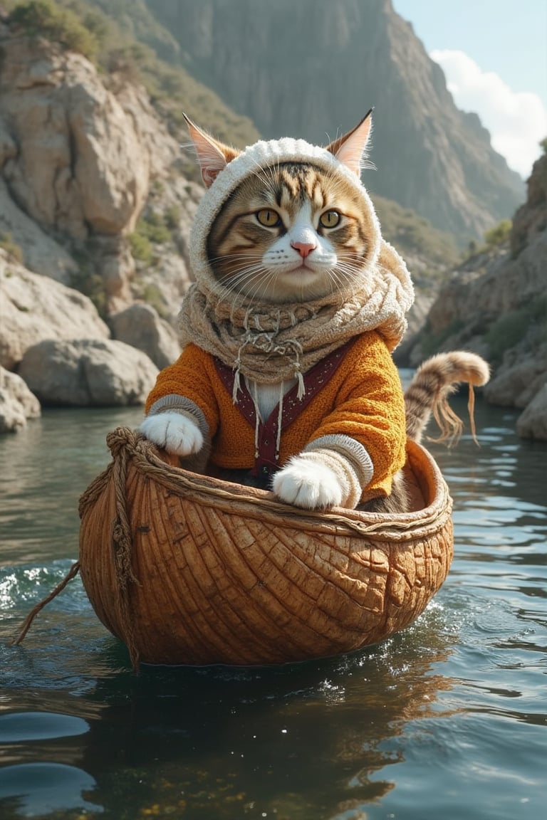 a giant nutshell boat with a cat dressed as sailor on it, masterpiece, intricate details