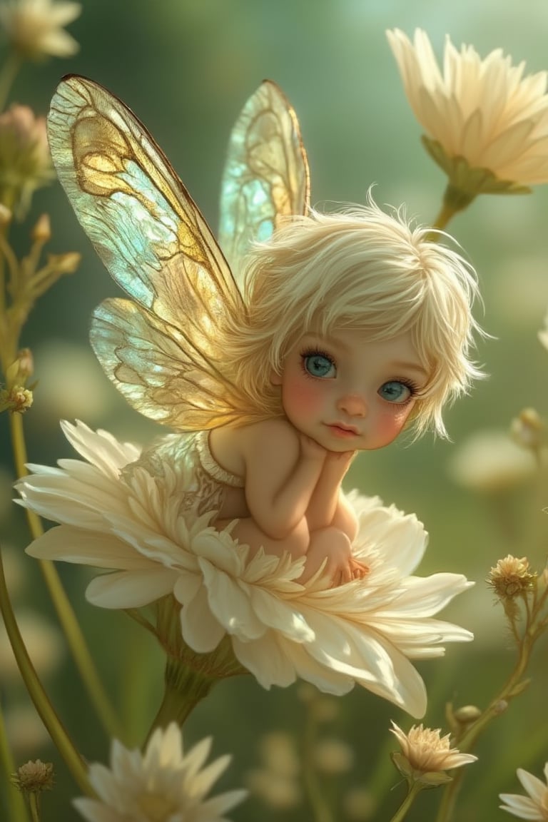 A whimsical illustration of a tiny fairy perched on a delicate petal, surrounded by a soft focus of lush greenery. The fairy's delicate features shine in the warm sunlight, her bright blue eyes sparkling as she tilts her head to admire her iridescent dragonfly wings, their shimmering scales reflecting the colors of the surrounding flowers.,shading lineart, shading, lineart, 2.5D, illustration, portrait, closeup, Score_9, Score_8_up, Score_7_up, behance work, intricate, vibrant color, High quality, 8k hd, best quality, detailed skin texture, complicated, 8k ultra hd, high resolution, high definition, excellent quality, stunning image, volumetric lighting, detail quality Enhancer,