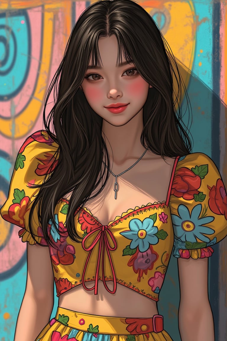 a single girl posing in front of a colorful mural, wearing a vibrant outfit with puffy sleeves and a flared skirt. Her hair is styled in loose long hair, framing her smiling face. The sunlight casts a warm glow on her features, with soft shadows accentuating her youthful charm, shading lineart, shading, lineart, 2.5D, illustration, portrait, closeup, Score_9, Score_8_up, Score_7_up, behance work, intricate, vibrant color, High quality, 8k hd, best quality, detailed skin texture, complicated, 8k ultra hd, high resolution, high definition, excellent quality, stunning image, volumetric lighting, detail quality Enhancer,