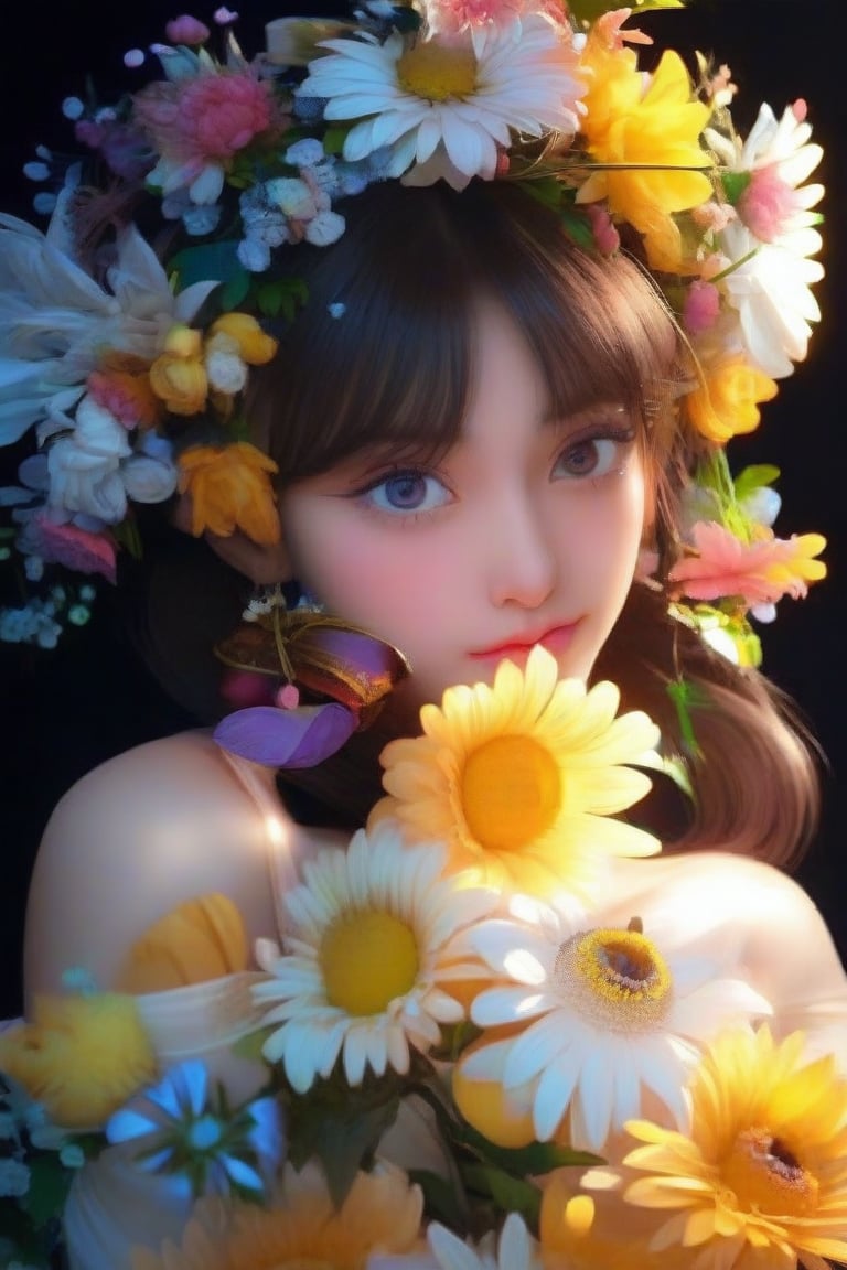 1girl, solo, looking at viewer, High quality, 8k hd, best quality, cinematic lighting, volumetric lighting, Highly Stylized whimsical flowery Portrait photograph