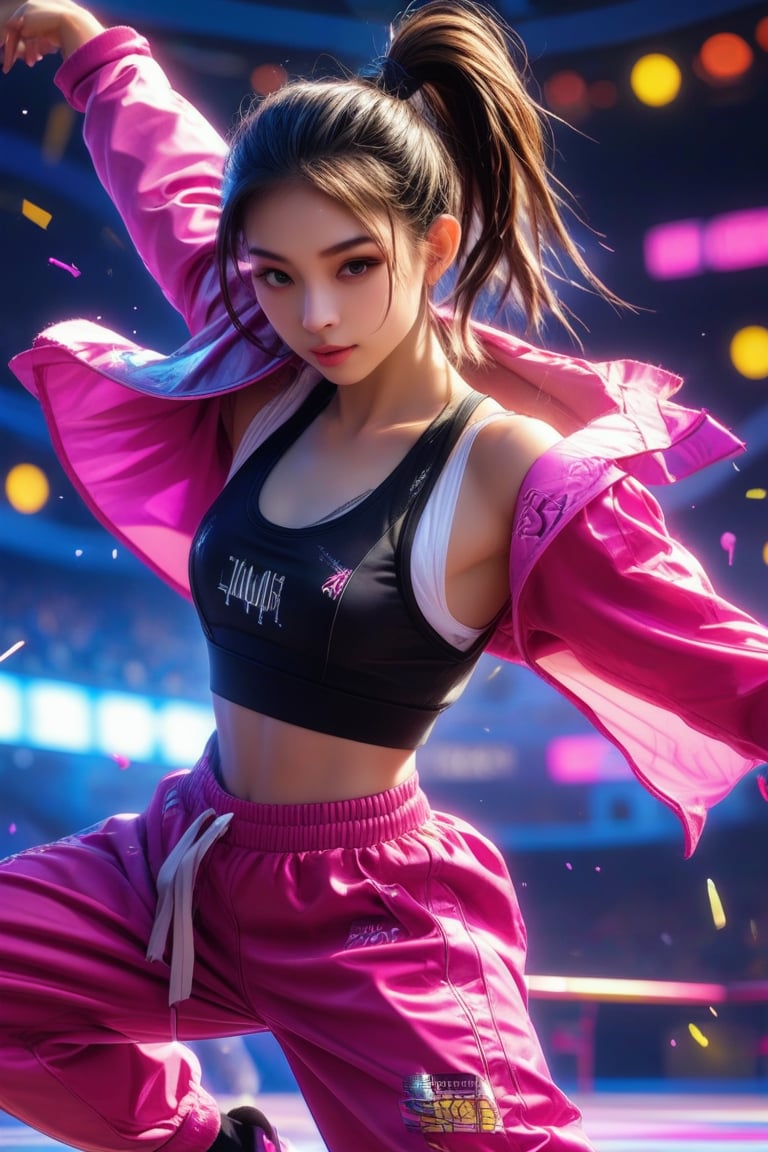 1girl, solo, High quality, 8k hd, best quality, detailed skin texture, Realistic face, breakdance pose, OLYMPIC nationality breakdance outfit, complicated, 8k ultra hd, high resolution, OLYMPIC breakdance area background, high definition, excellent quality, stunning image, volumetric lighting, detail quality Enhancer.