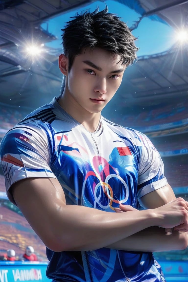 1guy, solo, looking at viewer, High quality, 8k hd, best quality, detailed skin texture, Realistic face,sport manly pose, OLYMPIC nationality tshirt, complicated, 8k ultra hd, high resolution, OLYMPIC background, high definition, excellent quality, stunning image, volumetric lighting, detail quality Enhancer