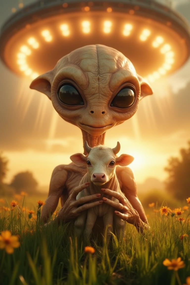 Close-up shot of an extraterrestrial holding a miniature cow against a backdrop of a glowing UFO hovering above a lush green field at sunset. The alien's large, round eyes and long, slender fingers gently cradle the tiny bovine as it peers out curiously. Soft, warm lighting casts a golden glow on the scene, Score_9, Score_8_up, Score_7_up, intricate, vibrant, behance work, vibrant color, High quality, 8k hd, best quality, detailed skin texture, complicated, 8k ultra hd, high resolution, high definition, excellent quality, stunning image, volumetric lighting, detail quality Enhancer,