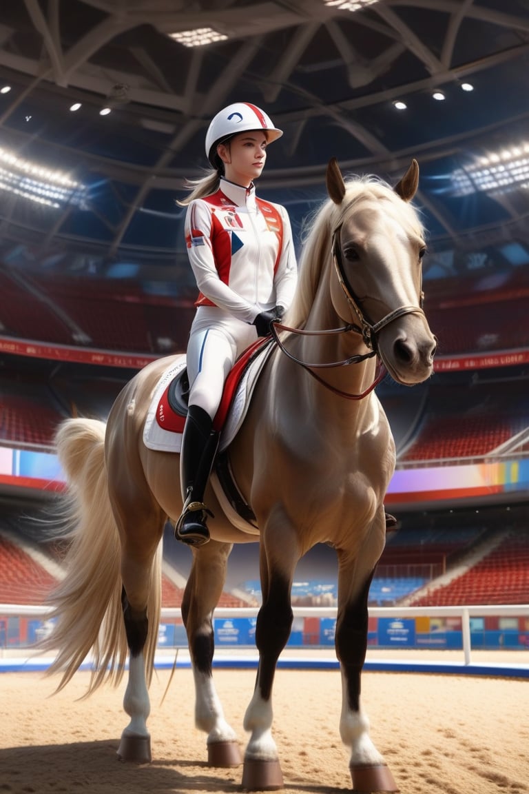 1girl, solo, equestrian, High quality, 8k hd, best quality, detailed skin texture, Realistic face, horse, horse riding pose, OLYMPIC nationality equestrian outfit, complicated, 8k ultra hd, high resolution, OLYMPIC equestrian hall background, high definition, excellent quality, stunning image, volumetric lighting, detail quality Enhancer.