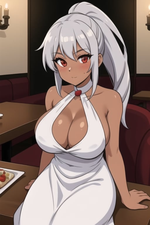 1 girl, silver hair, red eyes, big breasts, long hair, tanned, ponytail, under boob, restaurant, sitting on the seat, elbows resting on the table, hands under the chin, looking at the viewer from the front, evening dress, romantic dinner, candles, tablecloth on the table, male point of view, people in the background, woman with flirtatious/in love look