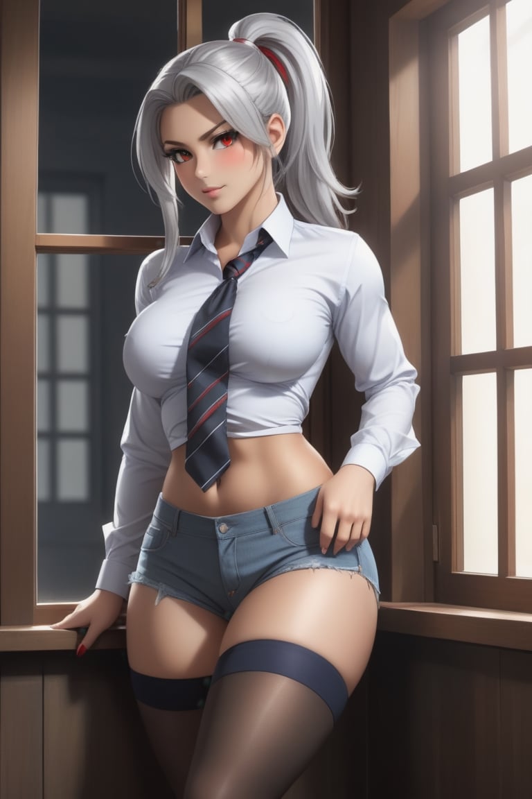 1 girl, silver hair, red eyes, tanned, large breasts, wide hips, button-down shirt and tie, exposed navel, jean shorts, thigh-high stockings, long hair, ponytail, tight pants, muscular, abdomen,(inner sideboob; sideboob; boob window; underboob)