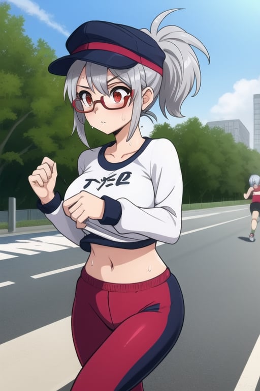 1 girl with fine features, silver hair, red eyes, big breasts, pronounced butt with sportswear, cap and glasses, ponytail, tight clothing, running/jogging/walking on the street, sweating, exposed navel