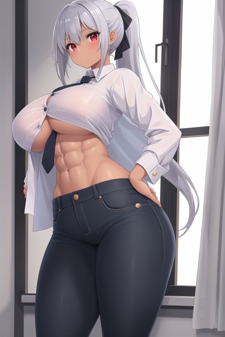 1 girl, silver hair, red eyes, tanned, big breasts, wide hips, button-down shirt and tie, exposed navel, jean shorts, pantyhose, long hair, ponytail, tight pants,muscular, abdomen (inside boob; side boob;tit window;under tit)