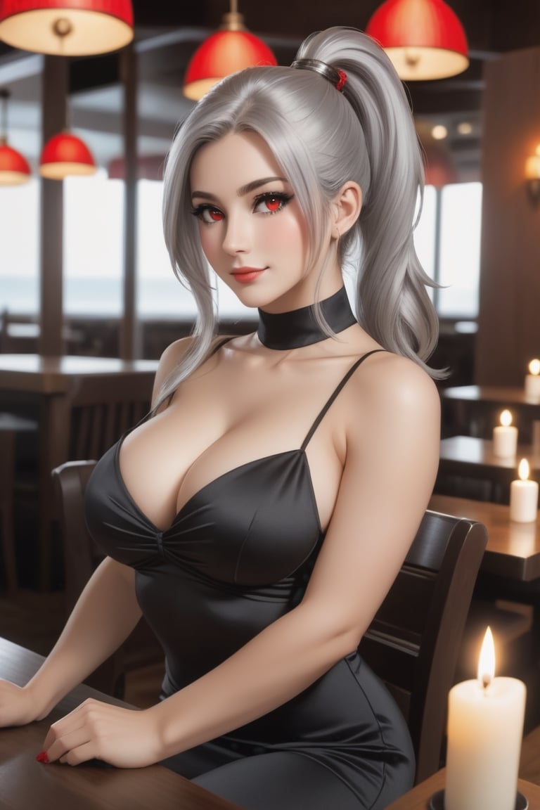 1 girl, silver hair, red eyes, big breasts, pronounced butt, exposed navel, black leggings, long hair, brunette woman, ponytail, under boob, restaurant, sitting on the seat, elbows resting on the table, hands under the chin, looking at the viewer from the front, evening dress, romantic dinner, candles, tablecloth on the table, male point of view, people in the background, woman with flirtatious/in love look