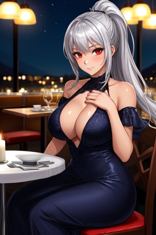 1 girl, silver hair, red eyes, big breasts, long hair, tanned, ponytail, under boob, restaurant, sitting on the seat, elbows resting on the table, hands under the chin, looking at the viewer from the front, evening dress, romantic dinner, candles, tablecloth on the table, male point of view, people in the background, woman with flirtatious/in love look