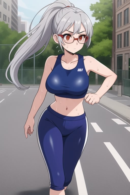 1 girl with fine features, silver hair, red eyes, big breasts, pronounced butt with sportswear, cap and glasses, ponytail, tight clothing, running/jogging/walking on the street, sweating, exposed navel