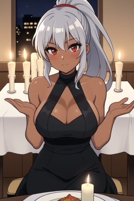 1 girl, silver hair, red eyes, big breasts, long hair, tanned, ponytail, under boob, restaurant, sitting on the seat, elbows resting on the table, hands under the chin, looking at the viewer from the front, evening dress, romantic dinner, candles, tablecloth on the table, male point of view, people in the background, woman with flirtatious/in love look