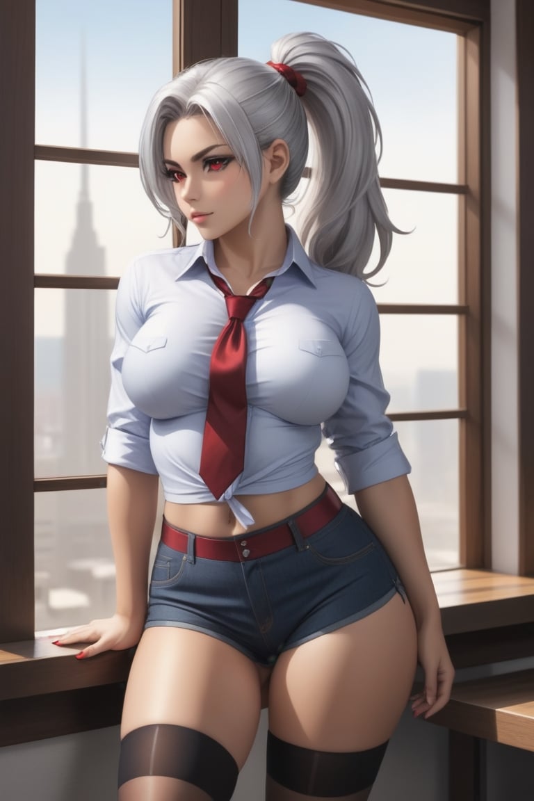 1 girl, silver hair, red eyes, tanned, large breasts, wide hips, button-down shirt and tie, exposed navel, jean shorts, thigh-high stockings, long hair, ponytail, tight pants, muscular, abdomen,(inner sideboob; sideboob; boob window; underboob)