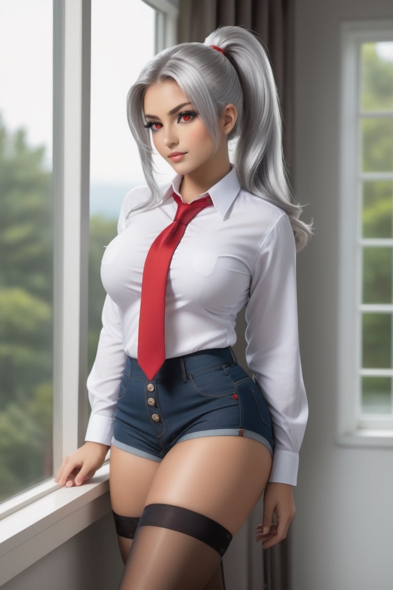 1 girl, silver hair, red eyes, tanned, big breasts, wide hips, button-down shirt and tie, exposed navel, jean shorts, pantyhose, long hair, ponytail, tight pants (inside boob; side boob;tit window;under tit)