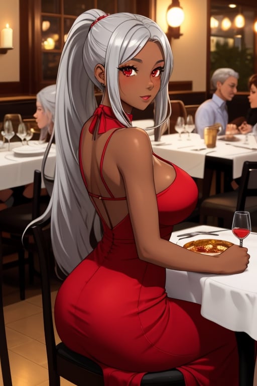 1 girl, silver hair, red eyes, big breasts, pronounced butt, long hair, semi-dark skinned woman, tanned, ponytail, under boob, restaurant, sitting on the seat, elbows resting on the table, hands under the chin, looking at the viewer from the front, evening dress, romantic dinner, candles, tablecloth on the table, male point of view, people in the background, woman with flirtatious/in love look