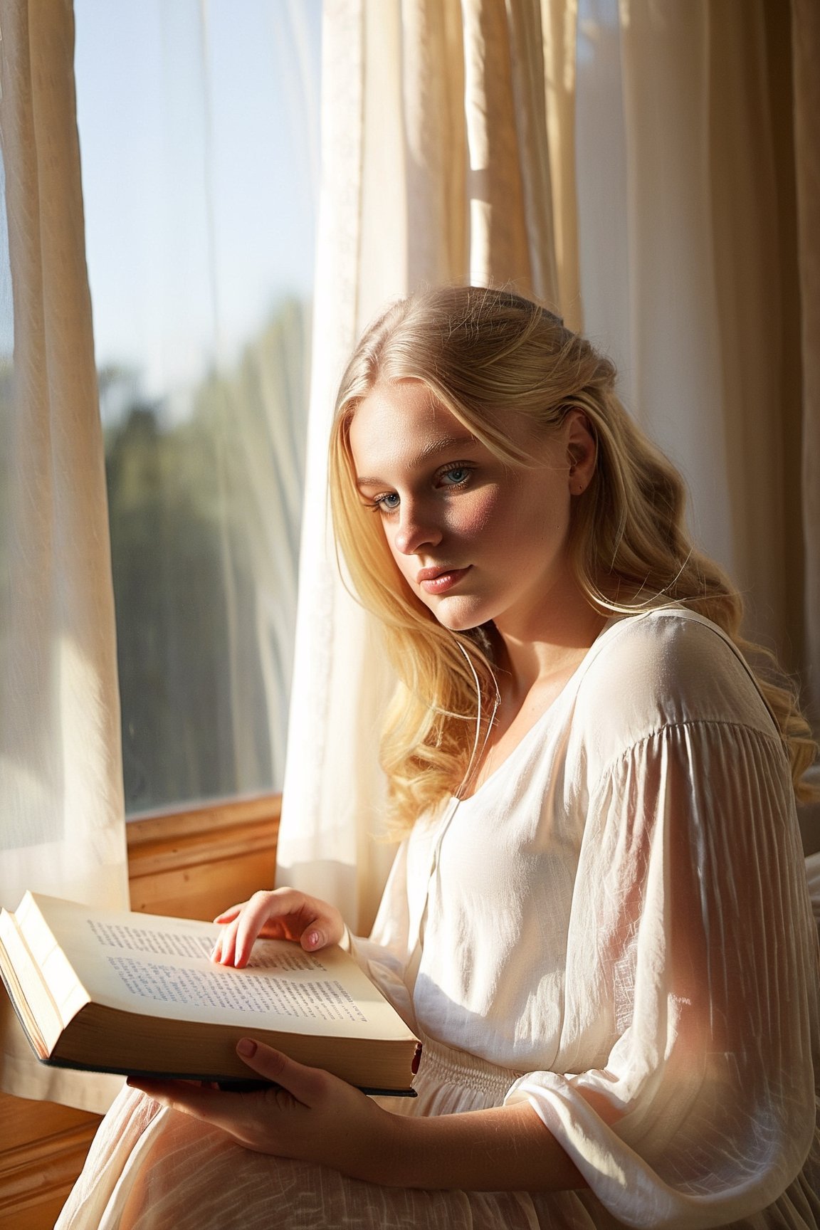 20-year-old blonde girl, lounging on the bed, morning sunlight filtering through sheer curtains, scattered books, (realism:1.5, soft lighting:1.5)