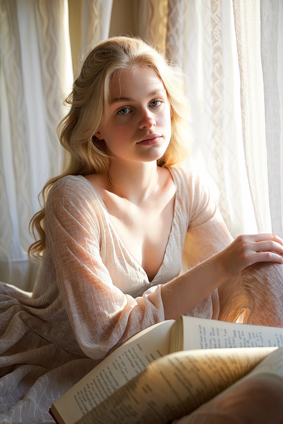 20-year-old blonde girl, lounging on the bed, morning sunlight filtering through sheer curtains, scattered books, (realism:1.5, soft lighting:1.5)