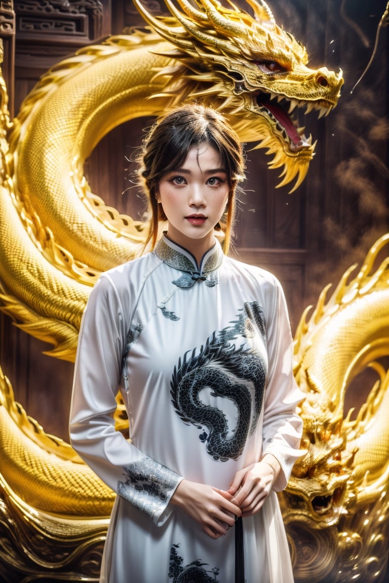 ((highres)),  ((best quality)),  ((masterpiece)),  ((ultradetailed)),  ((photorealistic)),  ((realistic)),  ((perfect female form)),  ((aesthetic body and face)),  ((8k UHD)),  ((realistic skin)),((sensual)), (cowboy shot:1.5)

1girl, (girl and Chinese dragon:1.4), (girl hugging dragon), (Chinese clothes:1.3), sensual, seductive, teasing smile, hyperdetailed face, highly detailed eyes, beautiful perfect eyes, (intricate detailing:1.2), (stunning detailing:1.2), (insane detailing:1.2), black hair  
,  triadic colours, exquisite composition, epic, ((expressive eyes)),  best lighting, dramatic lighting, shiny skin, glistening skin,SAM YANG, artstation, deviant art, Golden Chinese Dragon,dream_girl,tattoo,Golden Chinese Dragon,dragon_aodai_nam