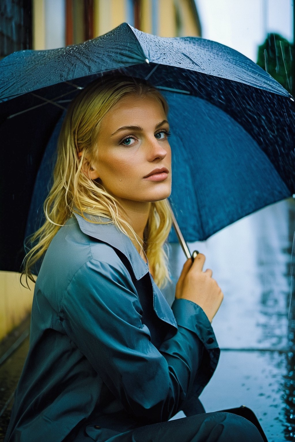 Young woman, blonde, 20 years old, sitting under the rain, umbrella lying unused nearby, solitary street, (film noir:1.5)