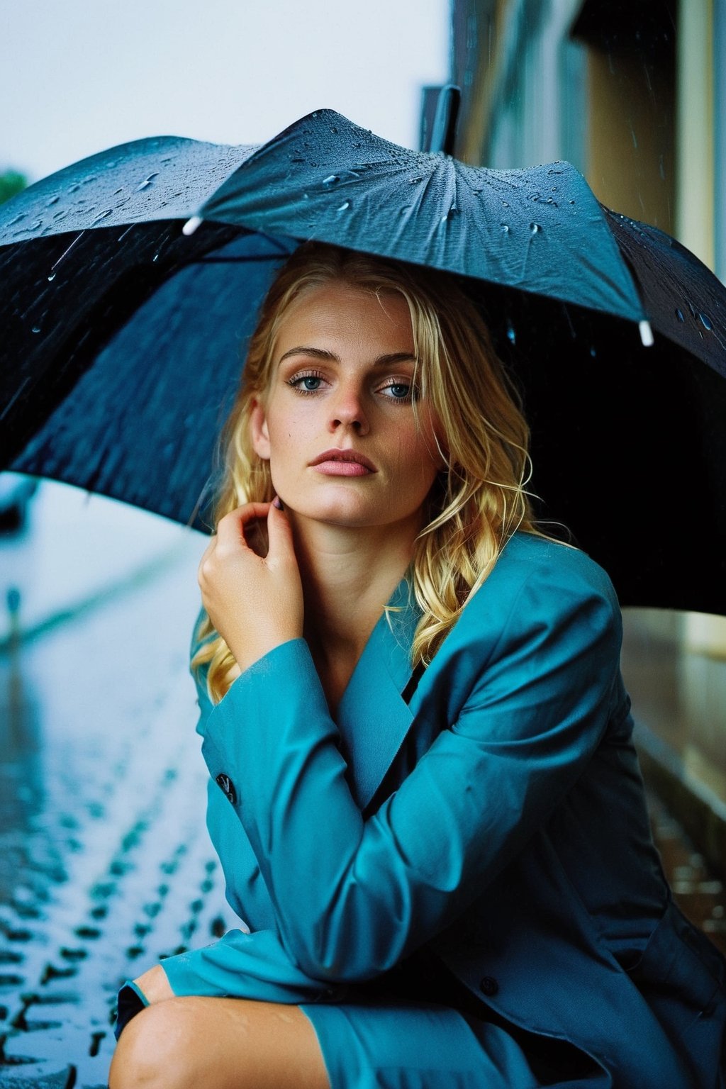 Young woman, blonde, 20 years old, sitting under the rain, umbrella lying unused nearby, solitary street, (film noir:1.5)