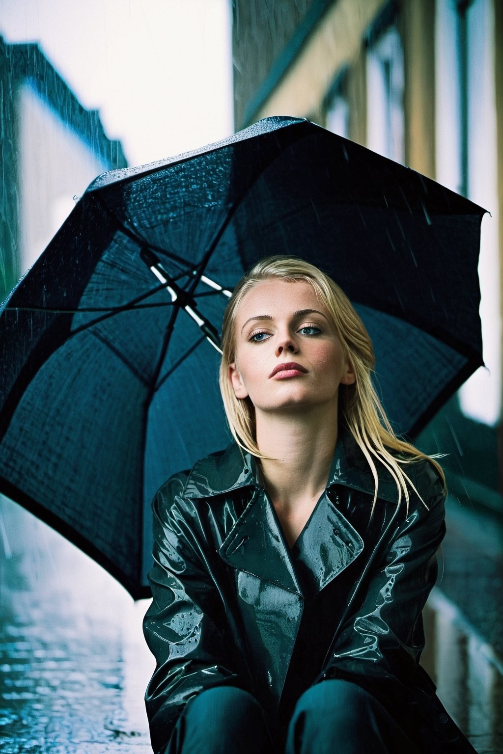 Young woman, blonde, 20 years old, sitting under the rain, umbrella lying unused nearby, solitary street, (film noir:1.5)