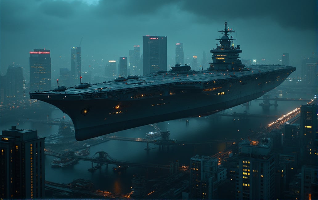 at night, huge futuristic aircraft carrier, flying over the city of metal and glass, photorealistic image, masterpiece, best quality, 8K, sharp focus