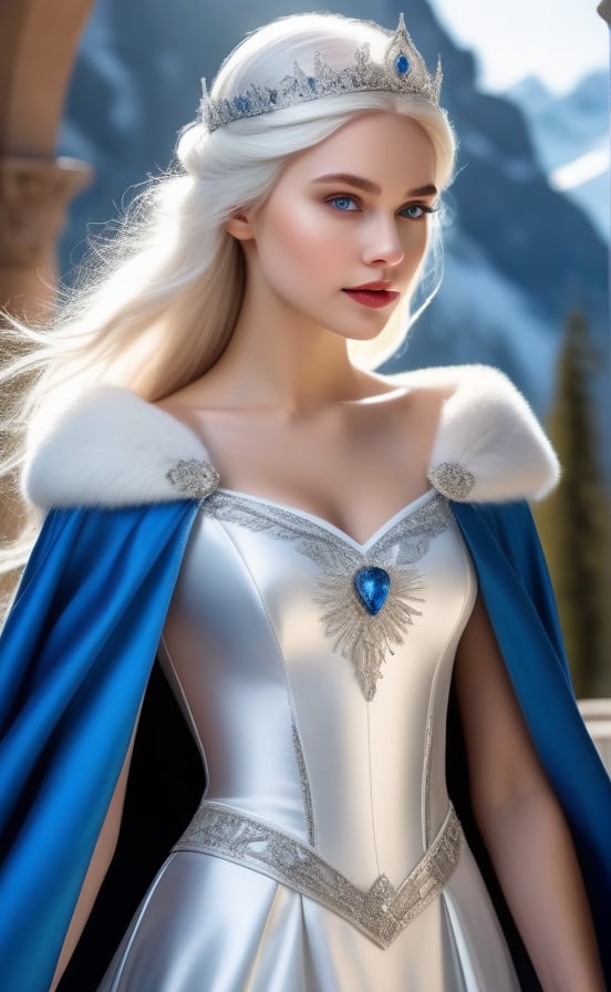 Photorealistic image ((Masterpiece)), ((High quality)) UHD 8K, of a beautiful girl Realistic, Thin, tall, (Medium chest), (Skinny waist), (Long, snow-white hair), (Intense blue eyes , shiny), ((ice princess crown)), ((princess dress with neckline and snow-white cape, intricate details, runic symbols)), ultra-realistic full body, photo realistic, natural lighting, professional DSLR camera