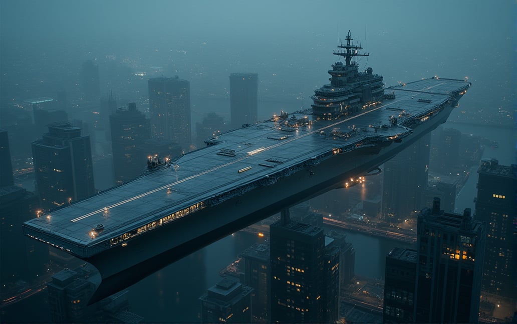 at night, huge futuristic aircraft carrier, flying over the city of metal and glass, photorealistic image, masterpiece, best quality, 8K, sharp focus