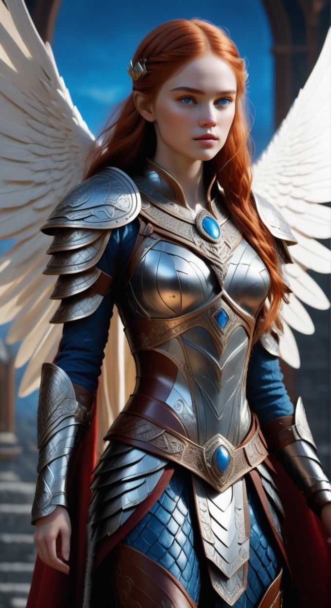 Photorealistic image ((Masterpiece)), ((high quality)) UHD 8K, of a real Viking goddess FREIYA, beautiful, slim, full body, (freckles on face), (long red hair), (blue eyes ), (((Hyper-realistic full armor, with ivory-white metal and intricate details))), (((helmet with large wings))), ((long feather cape)), (in guardian position, in Asgard), Photo realistic, natural lighting, professional DSLR camera,F41Arm0rXL ,F41Arm0r
