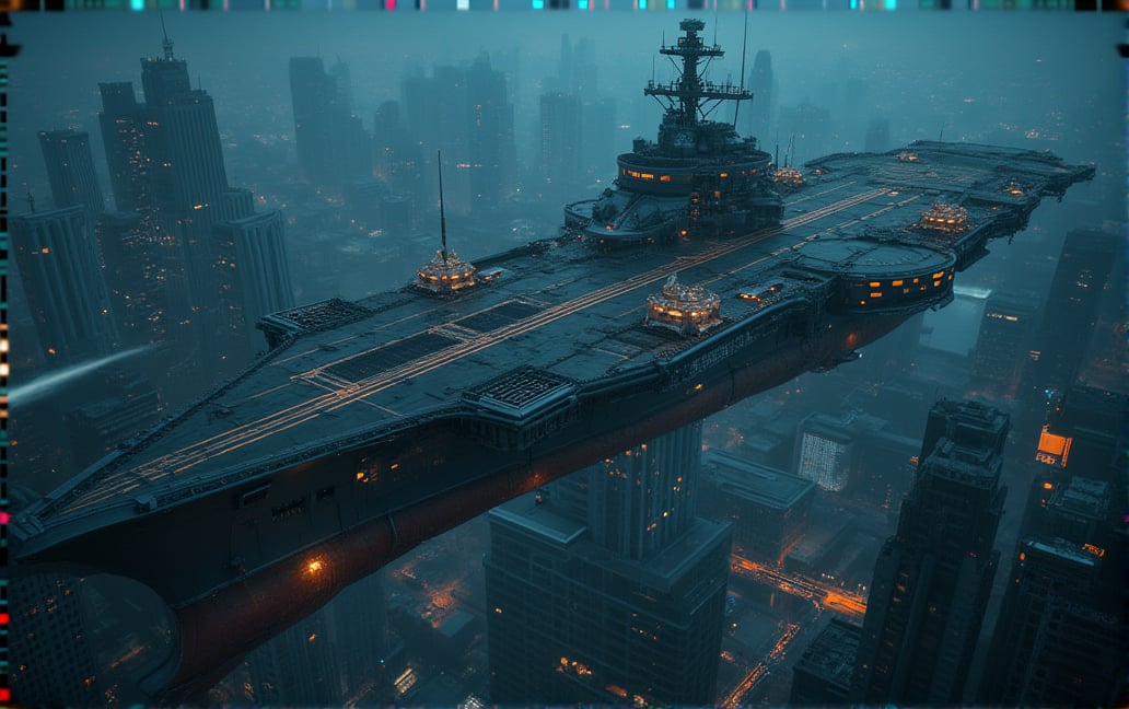 at night, huge futuristic aircraft carrier, flying over the city of metal and glass, photorealistic image, masterpiece, best quality, 8K, sharp focus