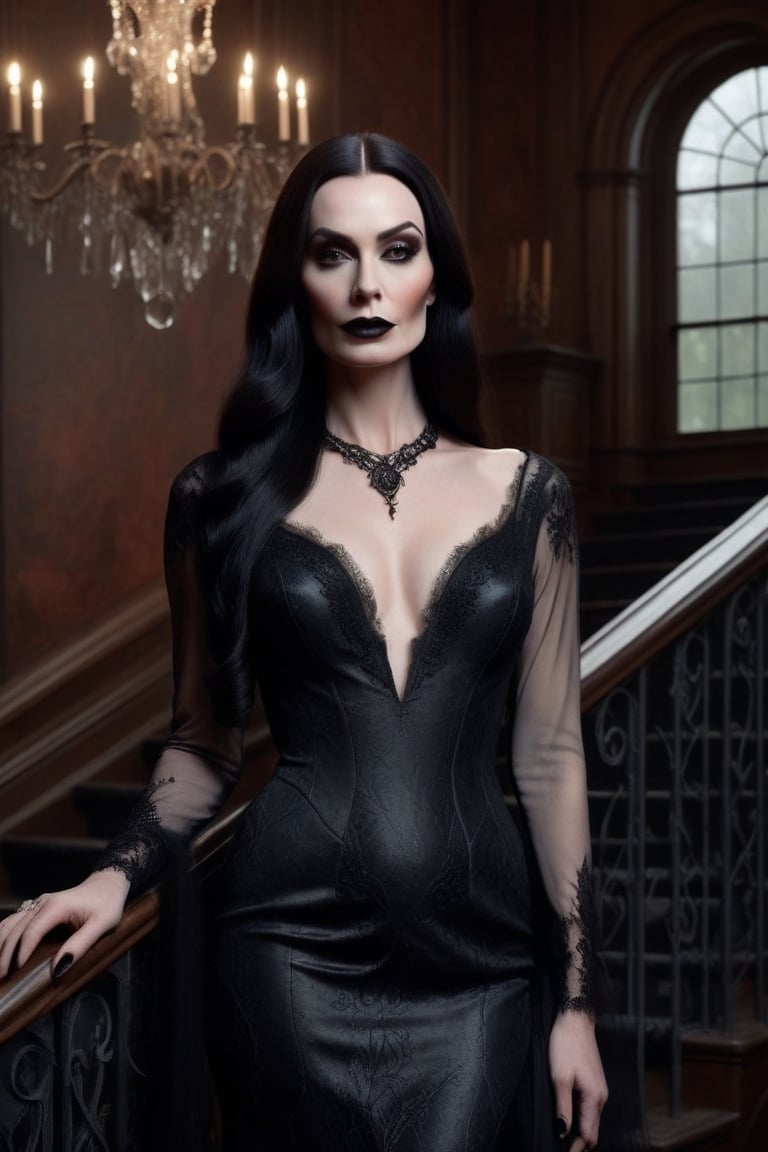 Photorealistic image ((Masterpiece)), ((High quality)) UHD 8K, of a woman Realistic, Morticia adams, Thin, tall, (pale skin, black lips), (Medium chest), (Skinny waist), (Hair long and dark), (Black eyes, black eye shadow), (((chandelier with lit candles in right hand))), ((long dress with black neckline, intricate details)), ultra-realistic full body, (on some stairs of a gloomy and somber mansion ), photo realistic, natural lighting, professional DSLR camera