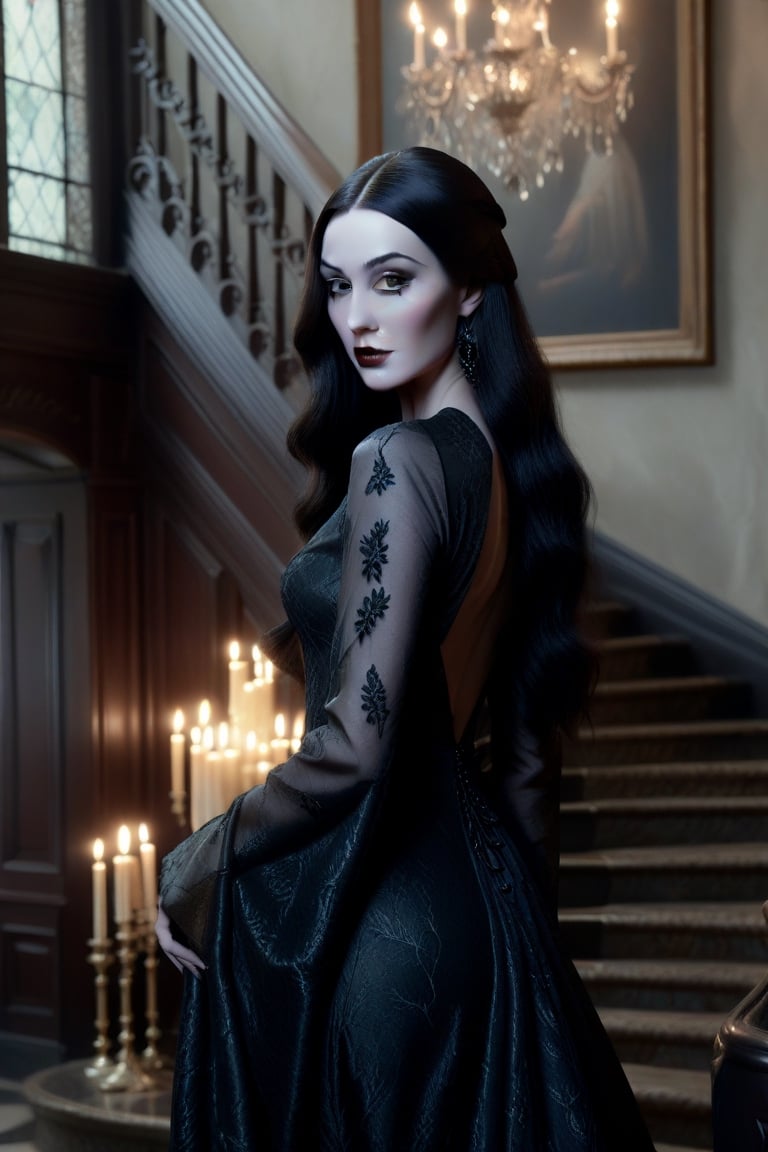 Photorealistic image ((Masterpiece)), ((High quality)) UHD 8K, of a woman Realistic, Morticia adams, Thin, tall, (pale skin, black lips), (Medium chest), (Skinny waist), (Hair long and dark), (Black eyes, black eye shadow), ((chandelier with lit candles in right hand)), ((long dress with black neckline, intricate details)), ultra-realistic full body, (on some stairs of a gloomy and somber mansion ), photo realistic, natural lighting, professional DSLR camera