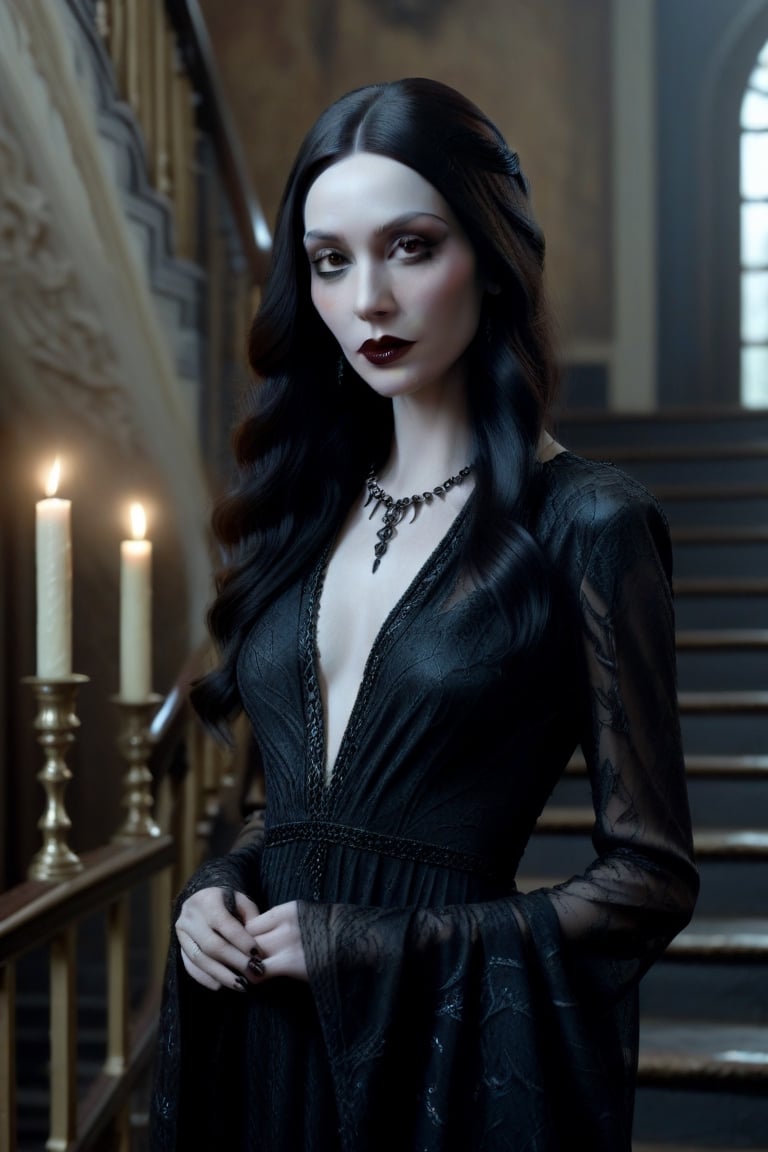 Photorealistic image ((Masterpiece)), ((High quality)) UHD 8K, of a woman Realistic, Morticia adams, Thin, tall, (pale skin, black lips), (Medium chest), (Skinny waist), (Hair long and dark), (Black eyes, black eye shadow), (((chandelier with lit candles in right hand))), ((long dress with black neckline, intricate details)), ultra-realistic full body, (on some stairs of a gloomy and somber mansion ), photo realistic, natural lighting, professional DSLR camera