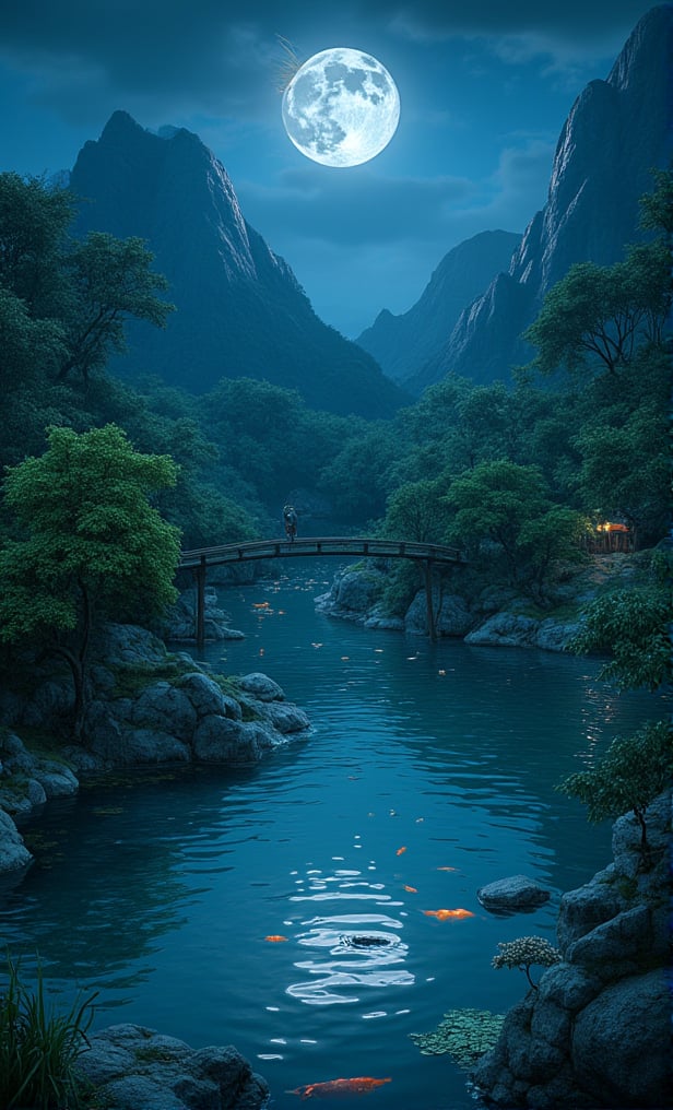 At night, a Japanese pond, fish swim in the water, hidden by mountains, an image of epic fantasy, illuminated by the moonlight.