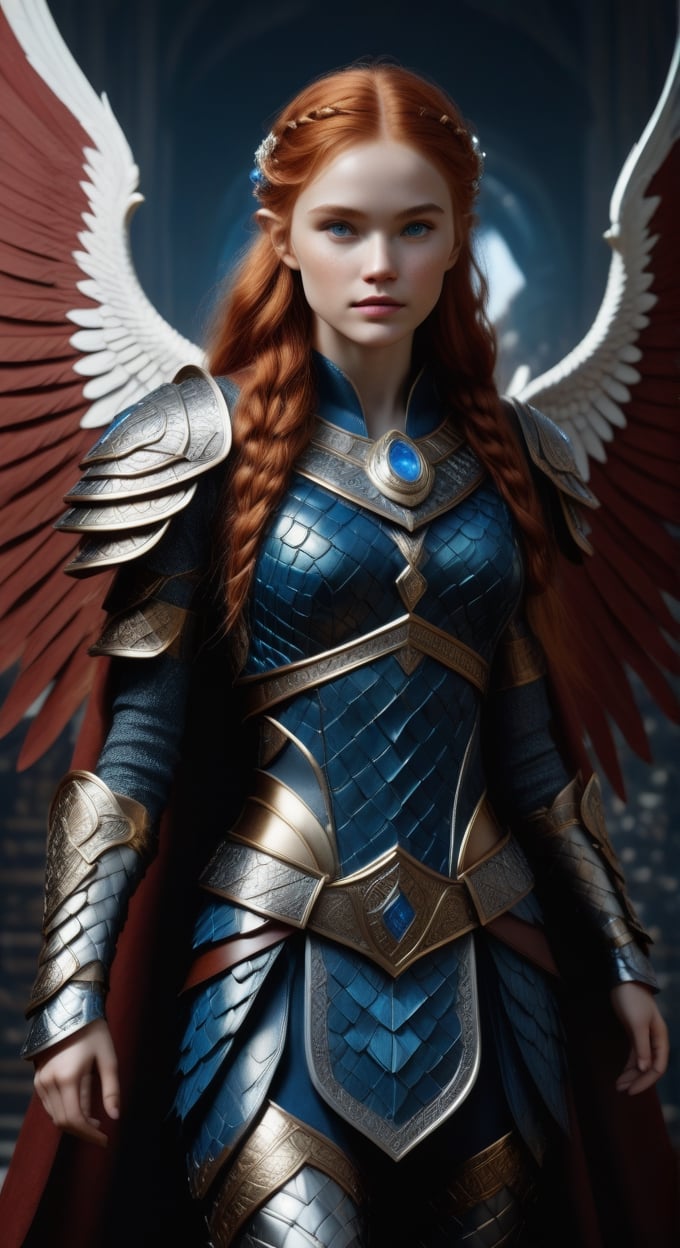 Photorealistic image ((Masterpiece)), ((high quality)) UHD 8K, of a real Viking goddess FREIYA, beautiful, slim, full body, (freckles on face), (long red hair), (blue eyes ), (((Hyper-realistic full armor, with ivory-white metal and intricate details))), (((helmet with large wings))), ((long feather cape)), (in guardian position, in Asgard), Photo realistic, natural lighting, professional DSLR camera,F41Arm0rXL ,F41Arm0r