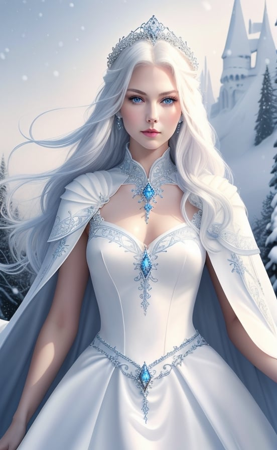 Photorealistic image ((Masterpiece)), ((High quality)) UHD 8K, of a beautiful girl Realistic, Thin, tall, (Medium chest), (Skinny waist), (Long, snow-white hair), (Intense blue eyes , shiny), ((ice princess crown)), ((princess dress with neckline and snow-white cape, intricate details, runic symbols)), ultra-realistic full body, photo realistic, natural lighting, professional DSLR camera