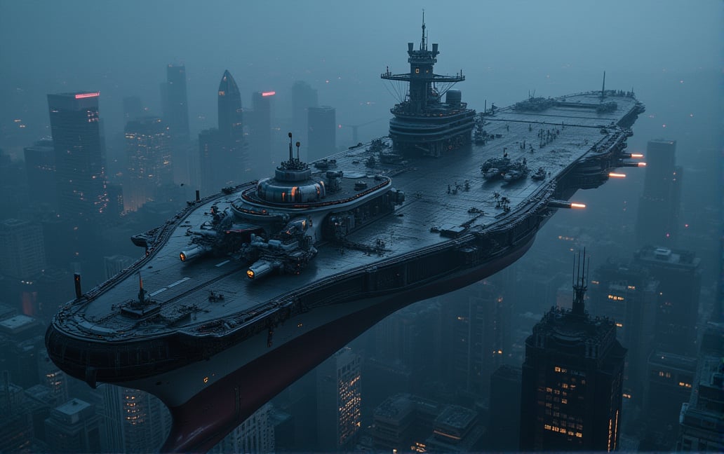 at night, huge futuristic aircraft carrier, flying over the city of metal and glass, photorealistic image, masterpiece, best quality, 8K, sharp focus