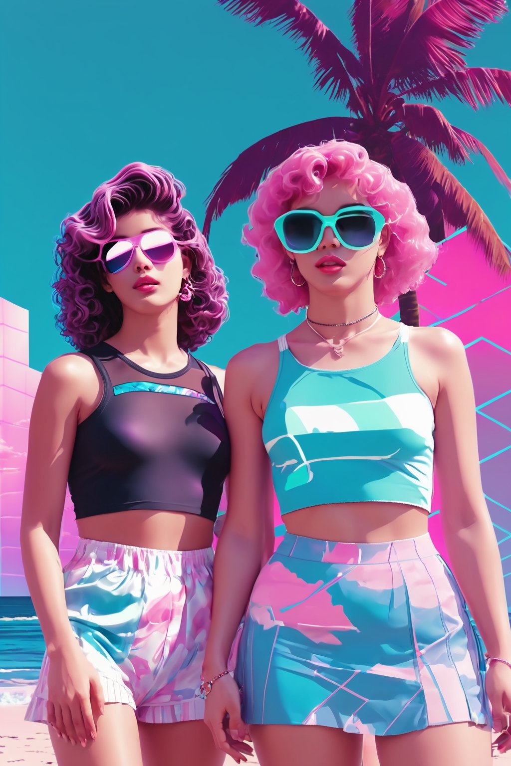 (Vaporwave Aesthetic:1.8), Beautiful vaporwave aesthetics in artwork, GTA girls on beach,slim 
