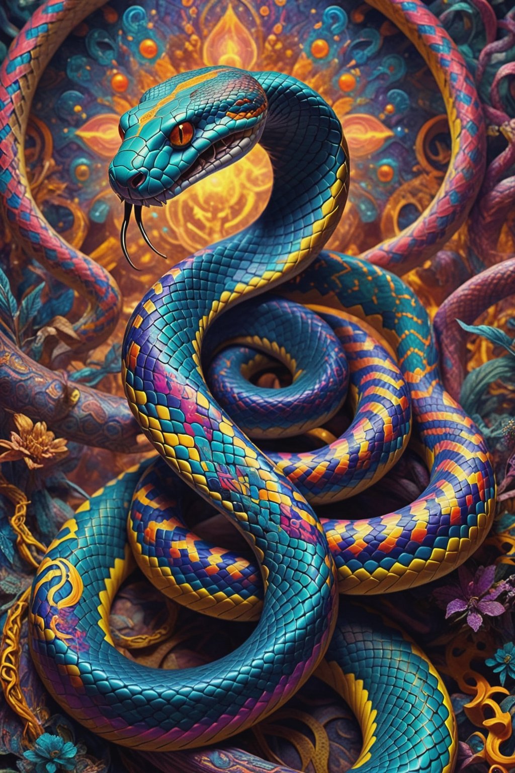 DMT art big peacefull snake with psykedelik colors and patterns, fractals and patterns in background, best details, best colors, perfect light,psykedelik,Monster,DonMPl4sm4T3chXL ,photo r3al,DonMDj1nnM4g1cXL ,make_3d