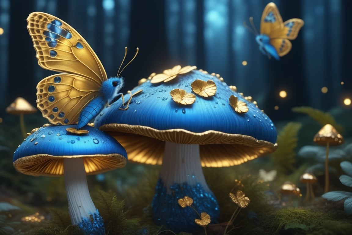 very detailed blue agaric mushroom realistic style with golden sparkels inside with 1 realistic golden butterflies, 8k,exposure blend, best details,photo r3al,Movie Still,EpicSky,make_3d,psychedelic