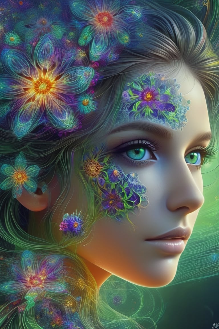 Pretty girl face with flowers in hair. perfect skin, perfect clear blue and green eyes, face dissolving into the surroundings, depth, 4k, best quality, trippy art, dmt art,honeycomb fractal patterns, in background with dark colors, layers, vivid colors, Alex Grey art,Movie Poster,DonMM4g1cXL 