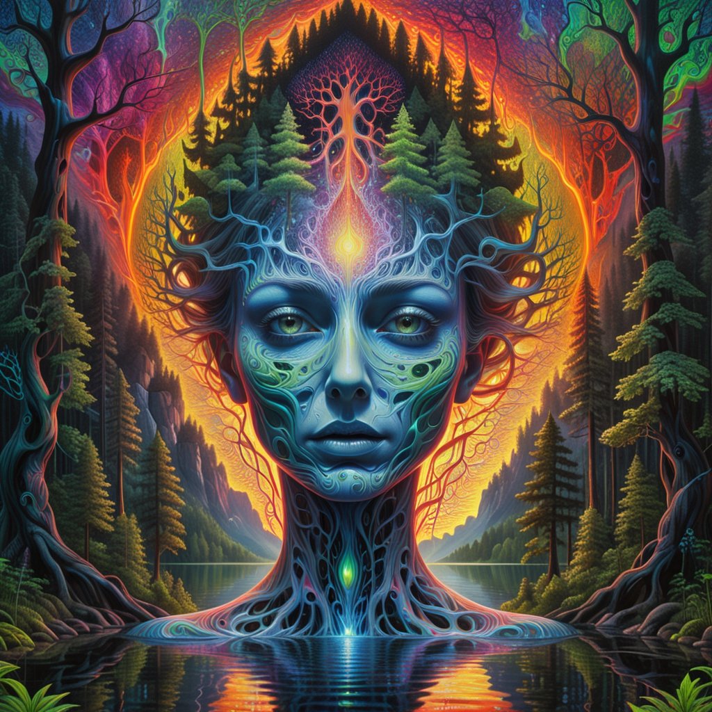 Alex Grey art living forest with a lake and a female with a out of body expiernce and with a magical and enchanted forest and a lake with diffrent liquid abstract art, you can see the energy from evreything with colors, perfect light, bright intense colors, depth, DMT art,  trippy art, black sky, 4k, best quality, nasterpiece, best details,ghost person,make_3d