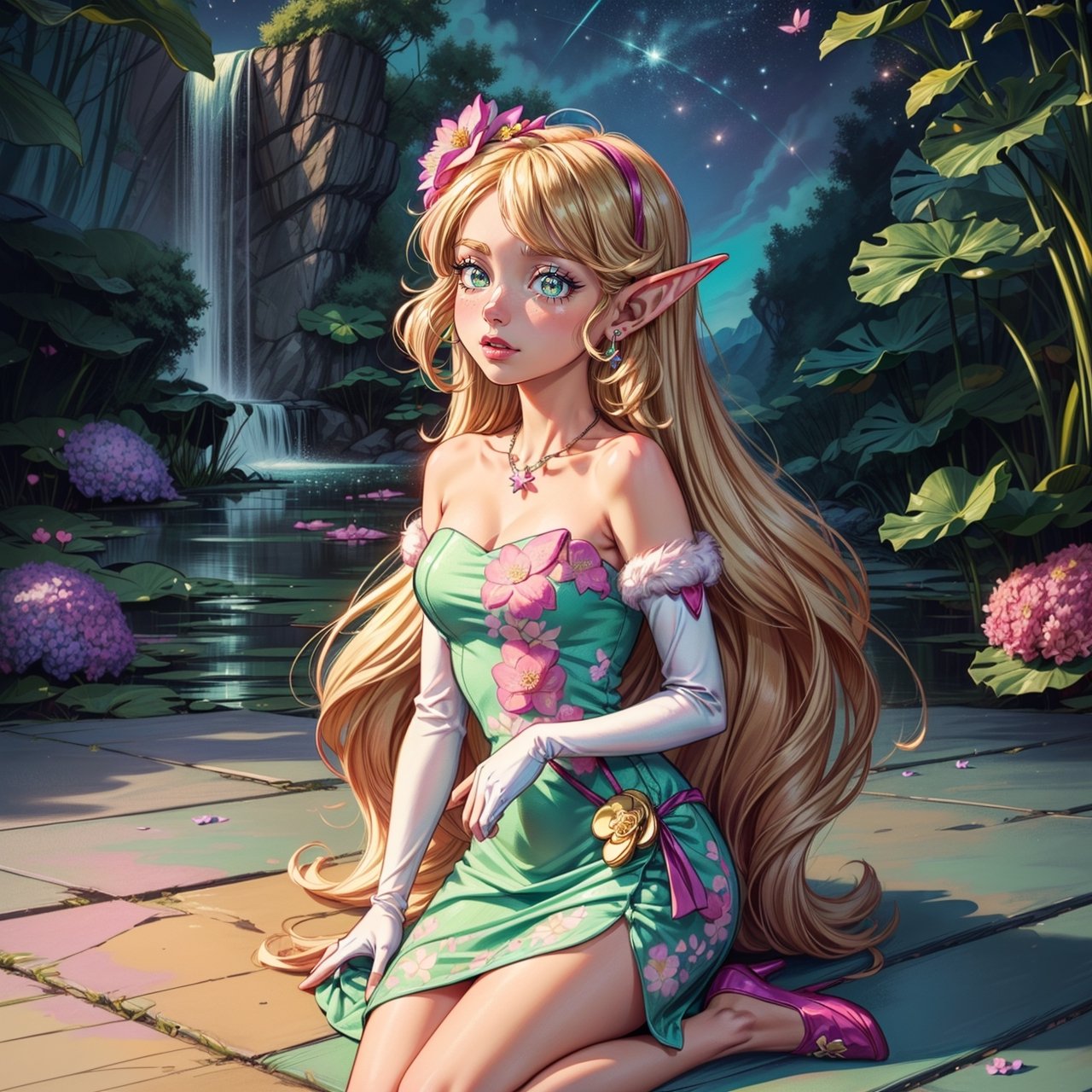 ((elf ear, pointed ear)), (pink lip, long hair, ((two sides up hair)), flowing hair, hair bang, floral hair, flowers on hair, flowers hair clip. Flower accessories, curly hair, heavy hair, beige hai pastel hair ,platinum blonde hair, pink stripes hair, ((green eyes)), (enchanted forest, waterfall, lotus, hydrangea bush, blue sky, Quartz, butterflies, fireflies, Abundant, paradise, magic aura, green magic around), ((strapless pink green dress, lace_trim, sparkling dress, flower pattern top, flower pattern torso, glitter, gem necklace, jewel, long gloves, small pocket flower shape, flower pouch)), High detailed, bright sky, flower_hair_ornament, faux, beige fur, bare shoulder, happy,((fur trim), star butterfly,(Flora) Rosy maple moth, ((colorful flowers)), ((Floor length hair)),star butterfly, ((face portrait))