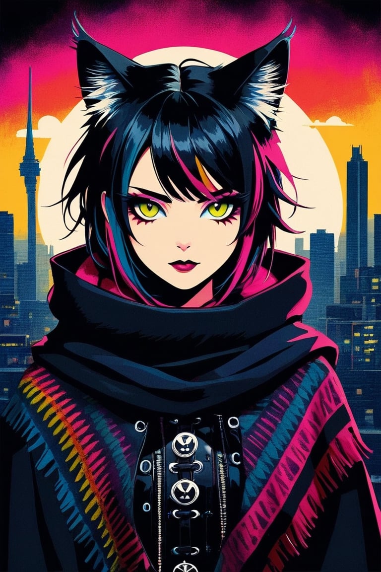 (1 cat), photo abstract, cat woman, fusion of Bolivian traditional attire and Gothic punk style creates a unique and captivating look,colorful Woollen Poncho, The bold colors and intricate patterns of the traditional garments are juxtaposed with edgy accessories and dark accents characteristic of the punk aesthetic, K-Eyes,dal,
Background: Beautiful South American cityscape
