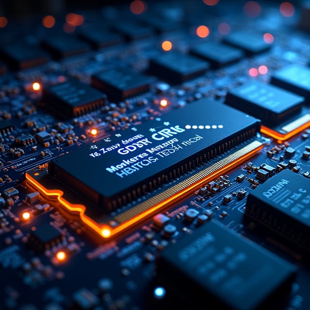 Next generation graphics memory GDDR7 with high speed specifications, featuring chips and technology from Micron, Samsung, and SK hynix, in a futuristic tech environment.