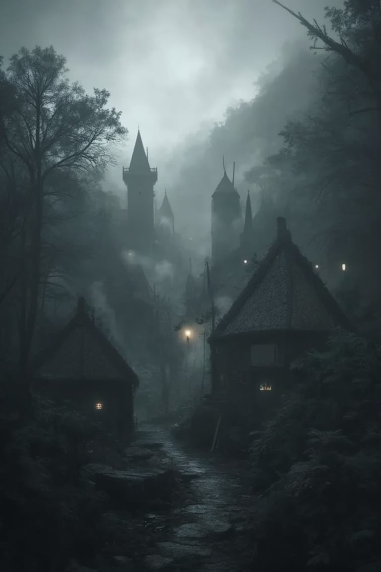 resident evil , mysterious village, village nestled deep within a dense forest,  monochrome , foggy atmosphere, scene is framed with a wide-angle shot, capturing the entire village and the misty forest, soft  light, diffused lighting, ghostly